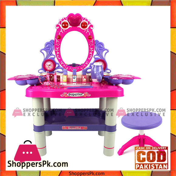 Battery Operated Beauty Queen Dresser Pretend Play Toy Beauty Mirror Vanity Play Set with Flashing Lights,Music Accessories 73008