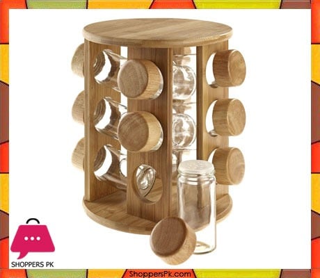 Revolving Rubber Wood Spice Rack 12 Pcs