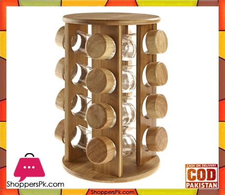 Revolving Rubber Wood Spice Rack 16 Pcs