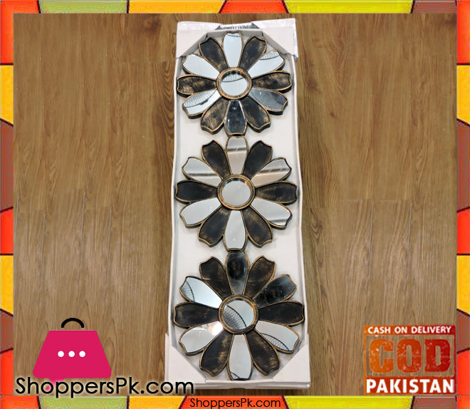 3 Pcs Plastic Frame Wall Hanging Mirror Set Flower 24 CM