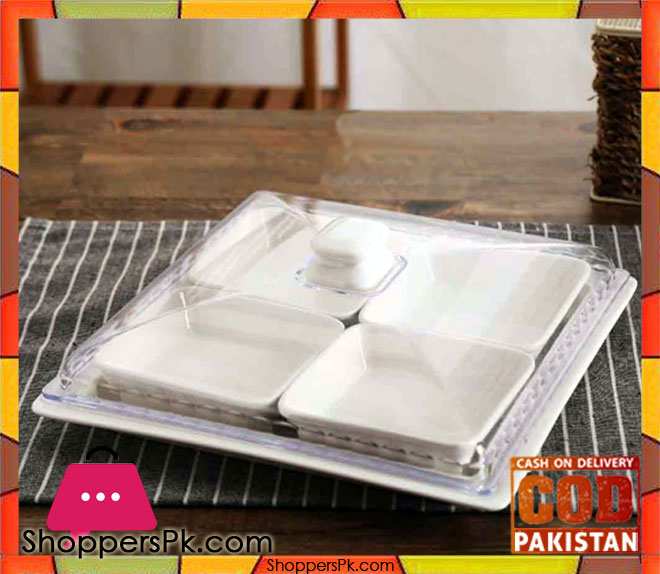 5 Pcs Porcelain Serving Dish with Glassware Cover