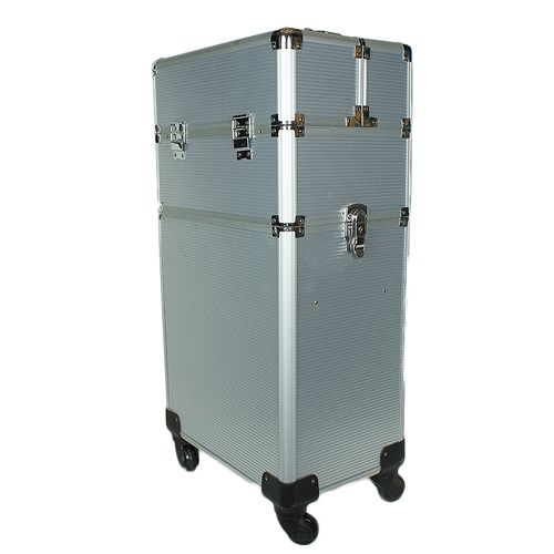 ABL 4 in 1 Portable Traveling Aluminum Professional Makeup Trolley Cart with Multiple-Sized Compartments and Wheels - Silver