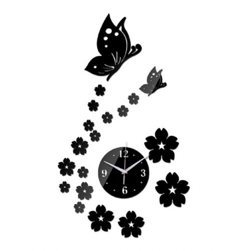Butterfly & Flower Design Wall Clock - Black