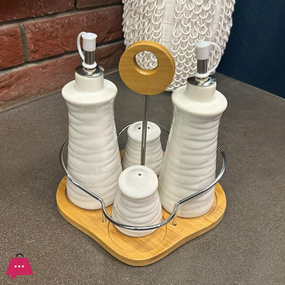 4 Pcs Ceramic Condiment Set Oil / Vinegar / Salt / Pepper With Bamboo Rack