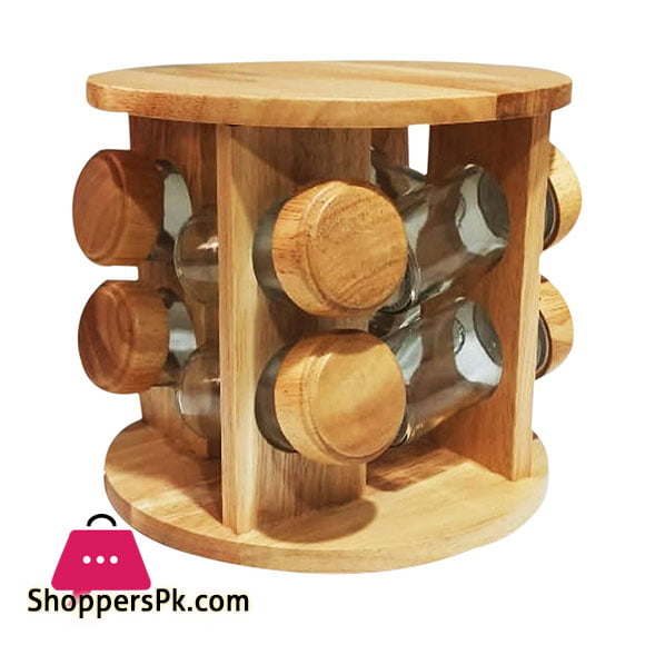 Rubber wood Revolving Glass Spice Rack 8 Piece Condiment Set