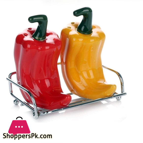 Chili Style Porcelain Salt & Pepper Shaker Pots Cruets with Metal Rack -Set of 2