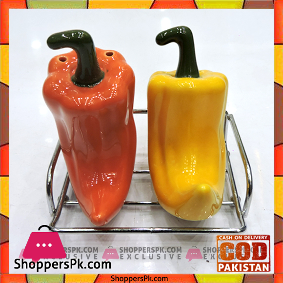 Chili Style Porcelain Salt & Pepper Shaker Pots Cruets with Metal Rack -Set of 2