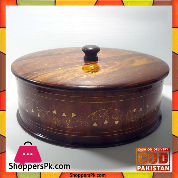 Wooden Brass Work Hot Pot Roti Box 14 Inch