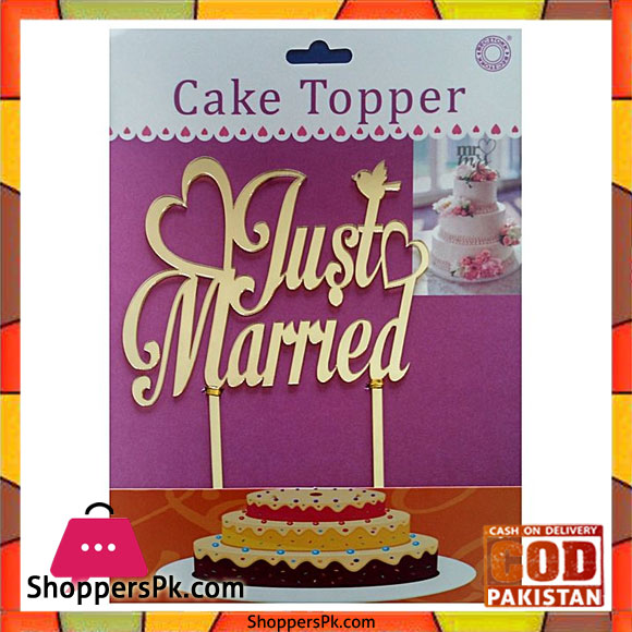 Acrylic Golden Heart Just Married Cake Topper