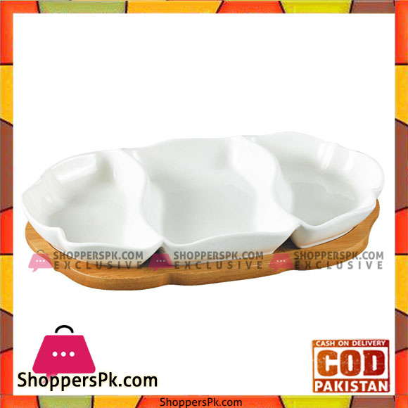 Imperial Collection Serving Dish With Bamboo Base-3 Partition-8 inch