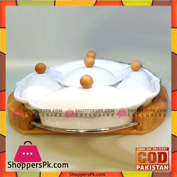 Solecasa Dry Fruit Server With Wooden Stand - 5 Sectioned - Ceramic