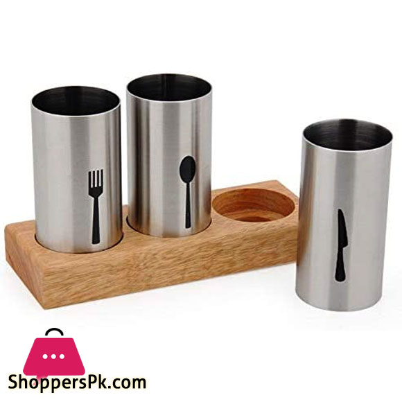 Cutlery Holder with Tray and Bamboo Wood Base for Spoons Knives Forks and Cutlery