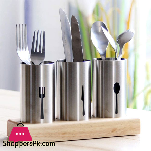 Cutlery Holder with Tray and Bamboo Wood Base for Spoons Knives Forks and Cutlery