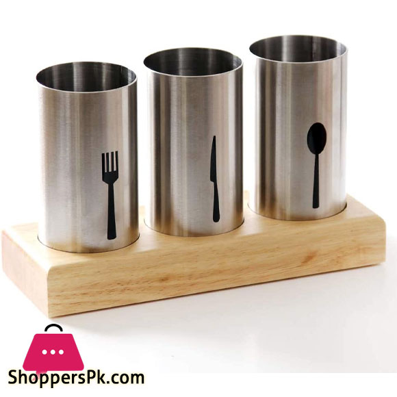 Cutlery Holder with Tray and Bamboo Wood Base for Spoons Knives Forks and Cutlery
