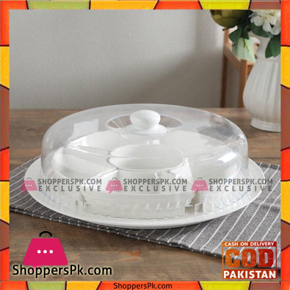 6 Sectioned Ceramic Dry Fruit Server With Acrylic Cover-14 inch
