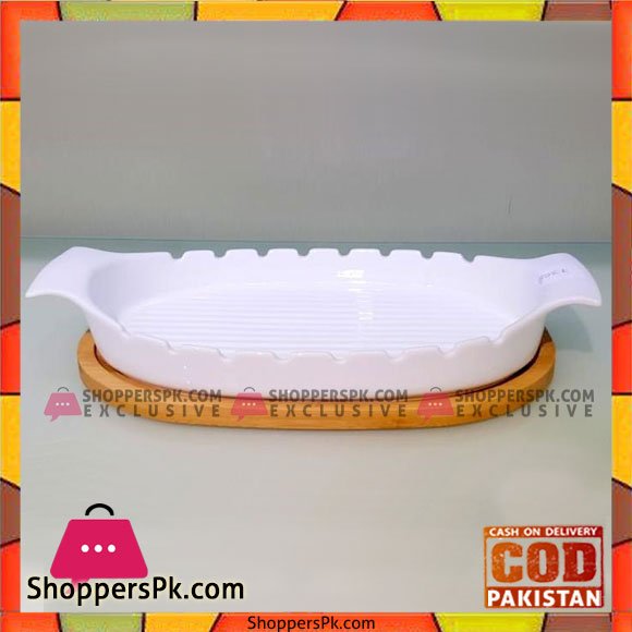 Imperial Serving Dish With Wooden Base - Ceramic - 12 inch
