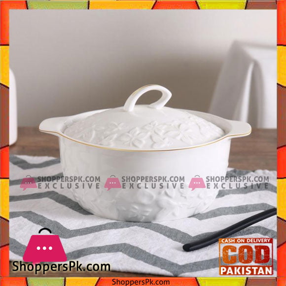 Solecasa Serving Dish With Cover-9 Inch-White Embossed With Gold Lining