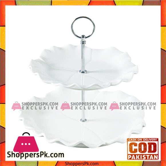 Solecasa 2 Tier Serving dish Set With Metal Stand-White-Ceramic