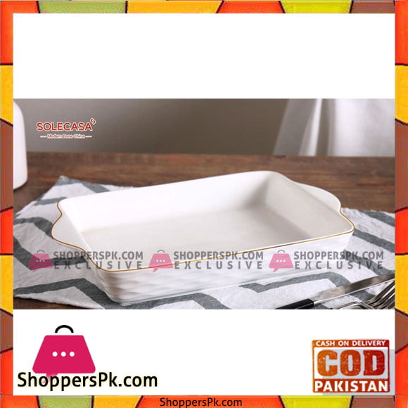 Solecasa Serving Dish-10 Inch-White Embossed With Gold Lining