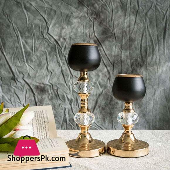2 Pack Gold/Black Metal with Acrylic Crystal Tealight Votive Candle Holders - 7 inch/11 inch