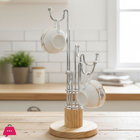 High Quality Wooden Base Stainless Steel Cup Stand Golden Color