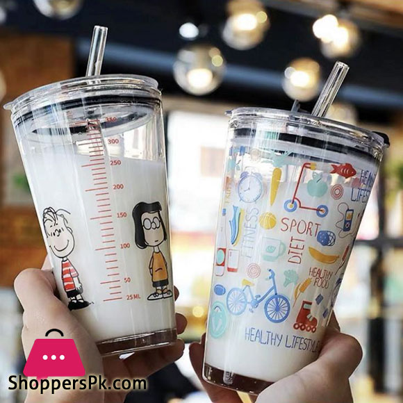 Korean Style Glass Tumbler Straw Cup 400ML High Quality Transparent with Cover Mug