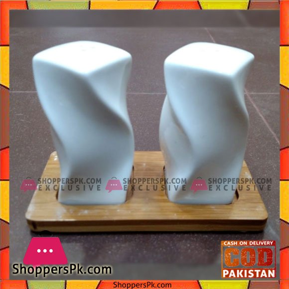 Salt and Pepper Ceramic Set with Wooden Tray
