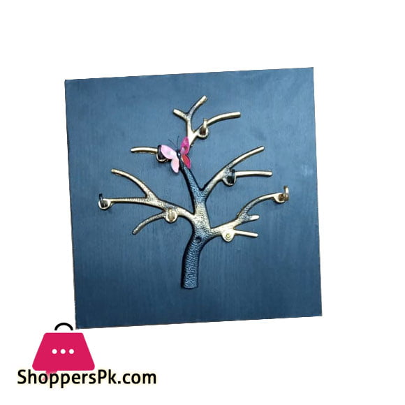 Wood Frame Metal Tree Key Holder 6 Hook With Butterfly