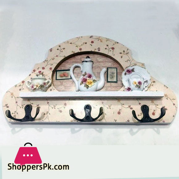 Wood Tea Pot Design Wall Mounted Key Holder 6 Hook