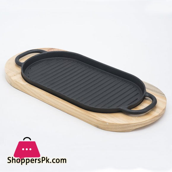 Cast Iron Sizzler Hot Serving Dish & Wooden Stand/Sizzler Plate - 12 X 6 Inch
