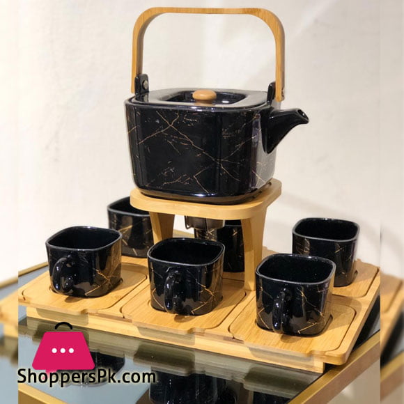 Ceramic Tea Set with Wooden Tray & Saucers