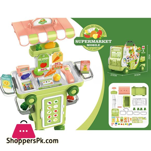 2 IN 1 Pretend Play House Super Market 37 Pcs Cartoon Bus