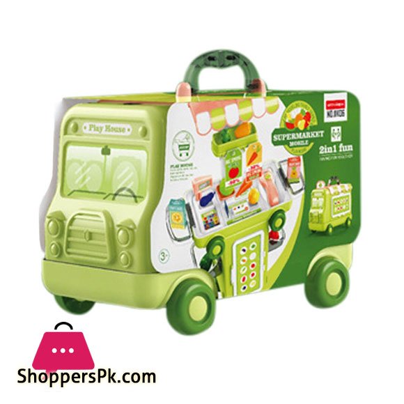 2 IN 1 Pretend Play House Super Market 37 Pcs Cartoon Bus