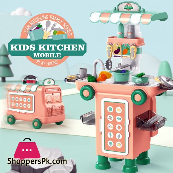 2 IN 1 Pretend Play Kids Kitchen Mobile 43 Pcs Cartoon Bus