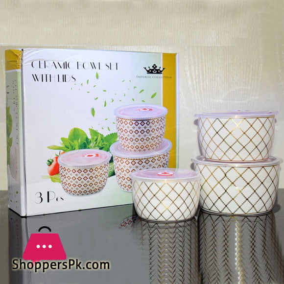 Imperial Collection Ceramic Bowl Set with Lids - 3 Pcs