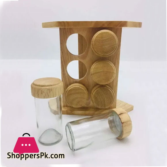Rubber Wood Glass Spice Rack 6 Piece Condiment Set