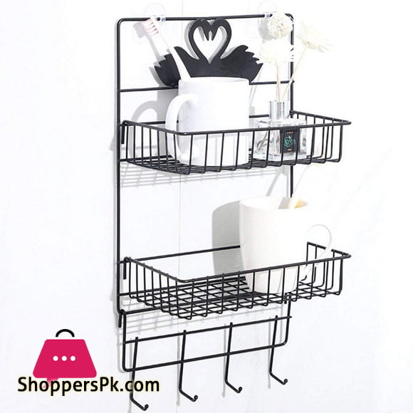 2 Layer Multipurpose Wall Shelf with 4 Hook