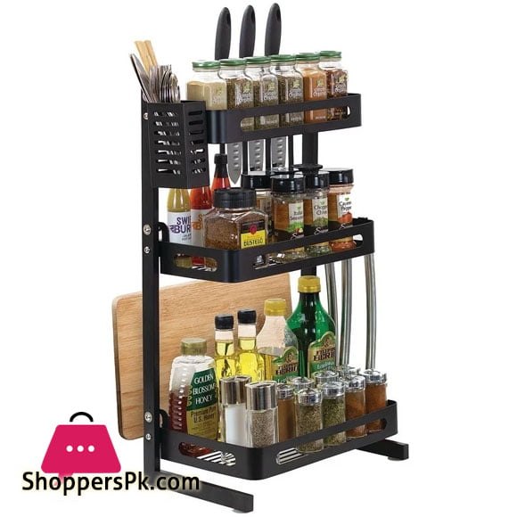 3 Tier Stainless Steel Kitchen Spice Rack Countertop Standing Organizer with 3 Hooks Black