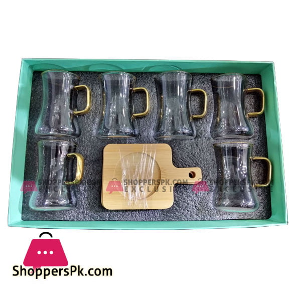 Angela Transparent Tea Cup Coffee Cup Set with Wood Saucer European Golden Hand Cup Saucer Set of 6 Pcs DIP51