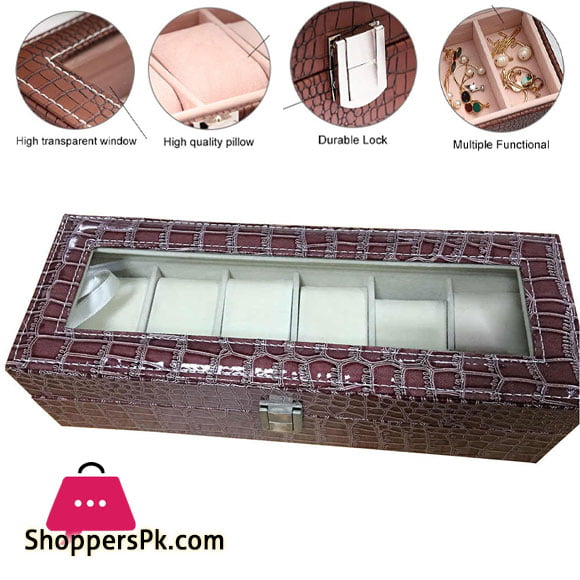 6 Gird Watch Storage Box Organizer Watch Case with Leather Finish High-Elastic Pillow
