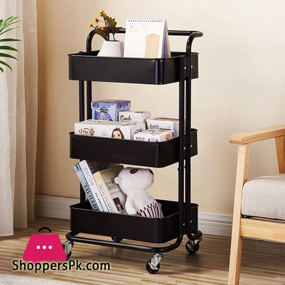 3-Tier Polycarbonate Storage Rolling Cart with Utility Handle Kitchen Carts On Wheels, 360-Degree Rotation Trolley Cart, Shelving Unit for Garage Kitchen Bathroom Bedroom Office,