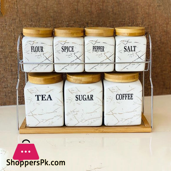 Kitchen Storage 7 Pcs Sugar Tea Coffee Ceramic Canisters Jar Set with Wooden Lid