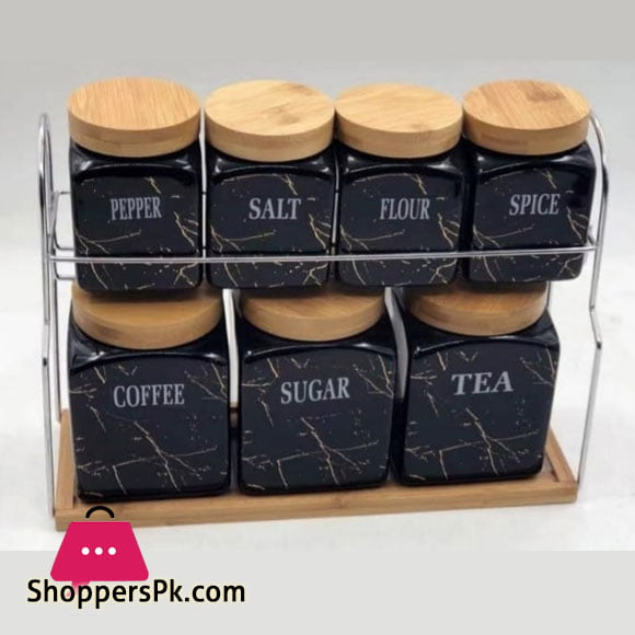 Kitchen Storage 7 Pcs Sugar Tea Coffee Ceramic Canisters Jar Set with Wooden Lid