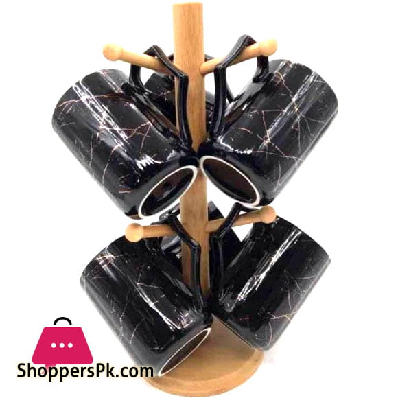 Marble Texture Ceramic Mug with Wood Stand