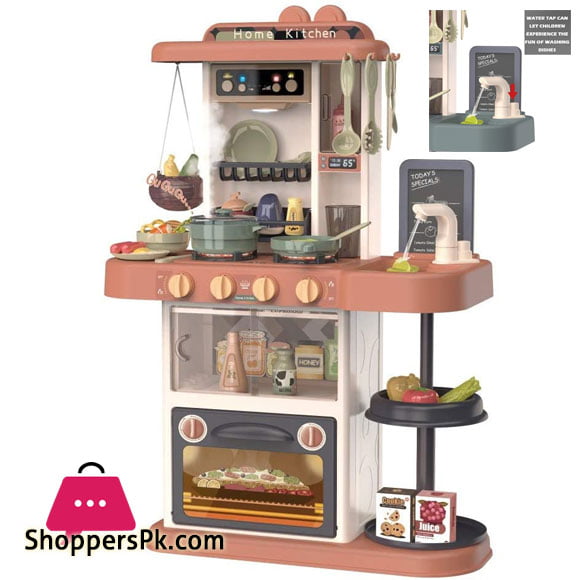 Play Kitchen Kids Kitchen Toy Set Plastic with Note Board Steam Realistic Lights and Sounds Tableware Kitchen Utensils Pot And Pan Watering