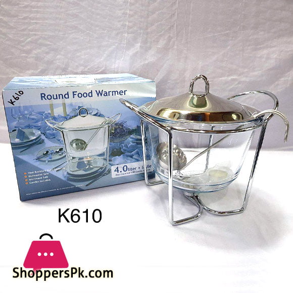Round Food Warmer 4 Liter with Ladle Glass Casserole with Candle Warmer K610