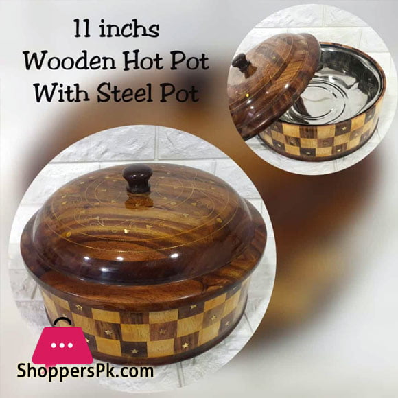 Wooden Hand Crafted Roti Box Hot Pot with Steel Pot 11 Inch