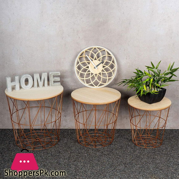 levandeo Metal Basket / Wire Basket Side Tables, Copper, Coffee Table, Storage with Lid, Designer Decorative Table, Set of 3