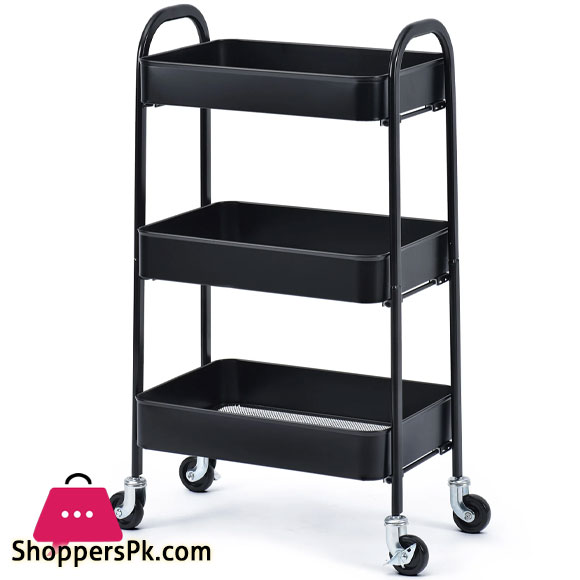 3-Tier Rolling Cart Storage Trolley on wheels, 3-Tier Utility Cart with Metal mesh basket Organization Mobile Storage Rack Shelves for Kitchen Home Office Garage Bathroom, No Screws Assemble