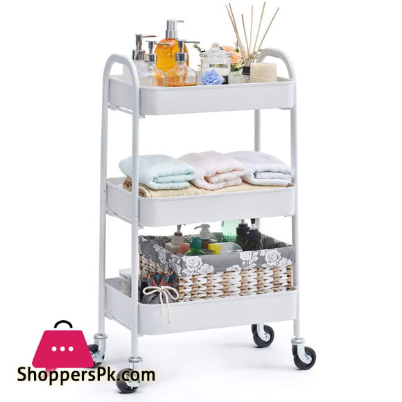 3-Tier Rolling Cart Storage Trolley on wheels, 3-Tier Utility Cart with Metal mesh basket Organization Mobile Storage Rack Shelves for Kitchen Home Office Garage Bathroom, No Screws Assemble